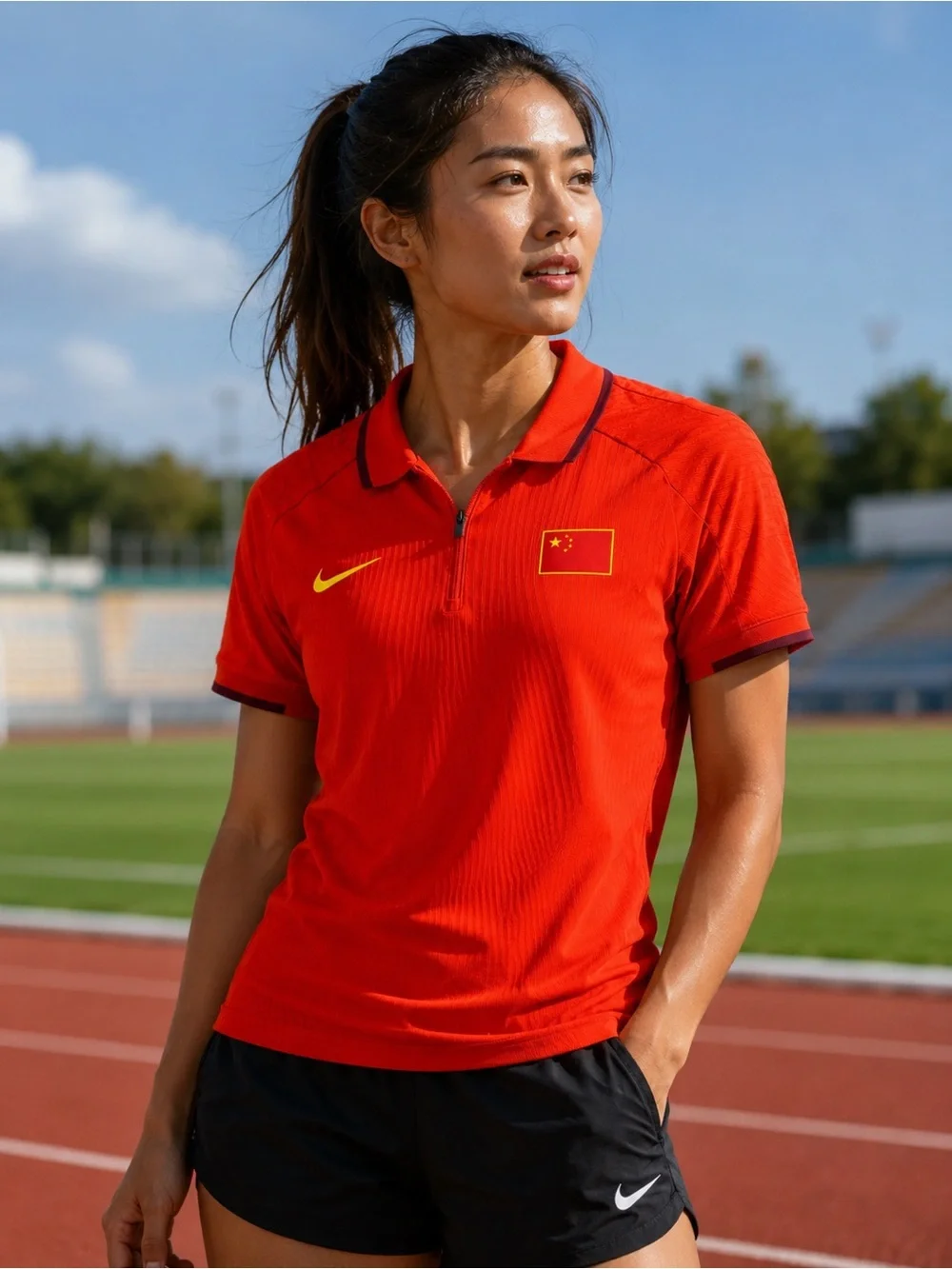 Nike Red Polo Top with Yellow Swoosh and Flag Patch